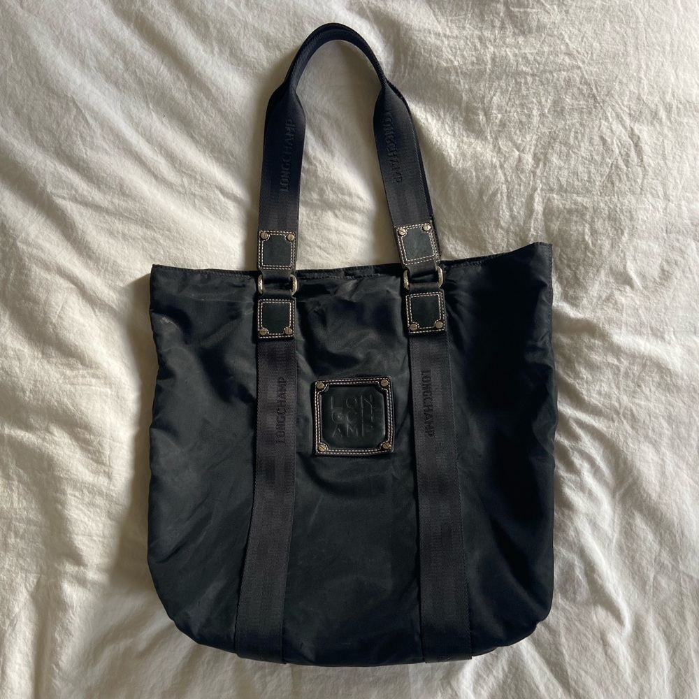 Black Vintage Longchamp Tote Bag with Leather Patch and Fixtures
